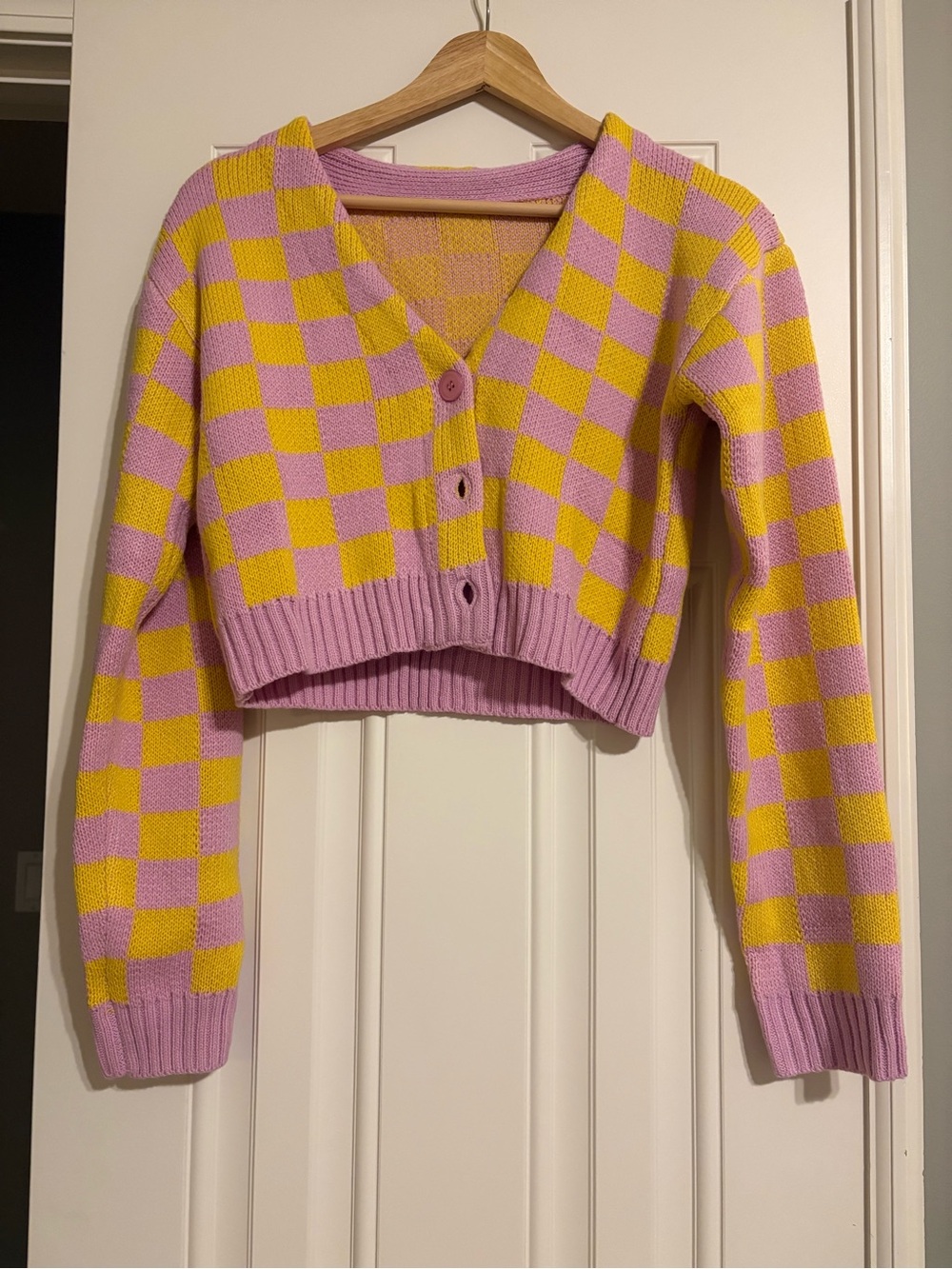 Cropped Checker Knit Cardigan - Pink and Yellow